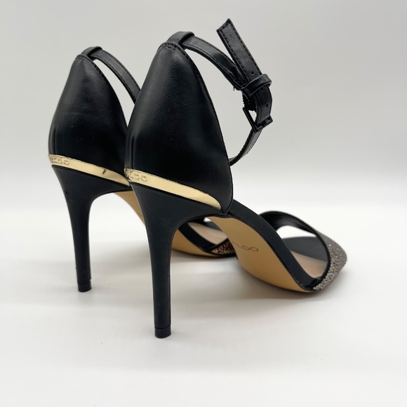 Aldo Women’s Black Ankle Strap Heels Size 6.5M Rhinestone Open Toe Stiletto Sa - Picture 3 of 13
